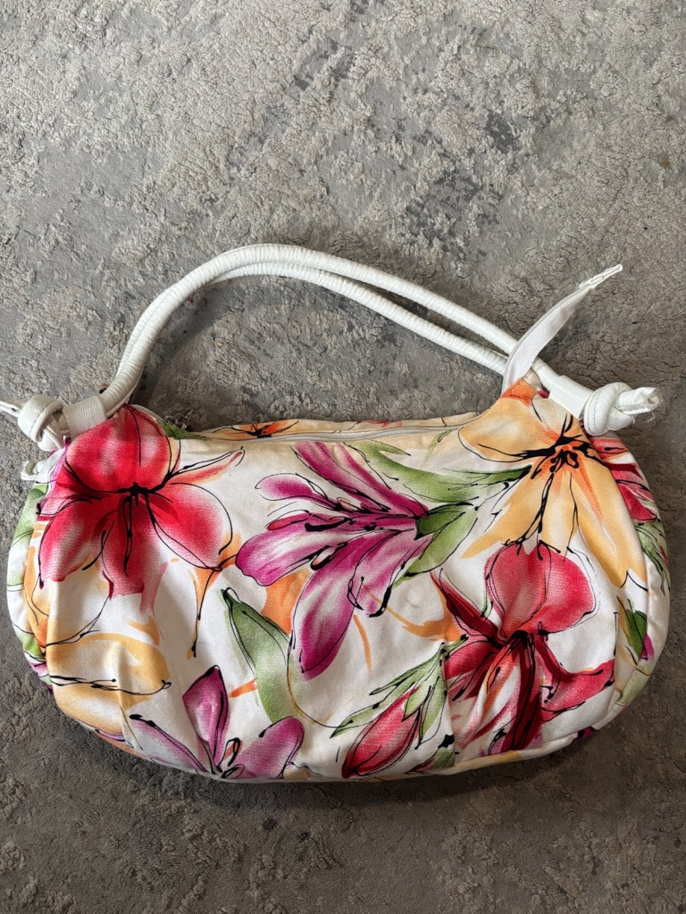 White Floral Satin Shoulder Bag with Multicolor Blooms